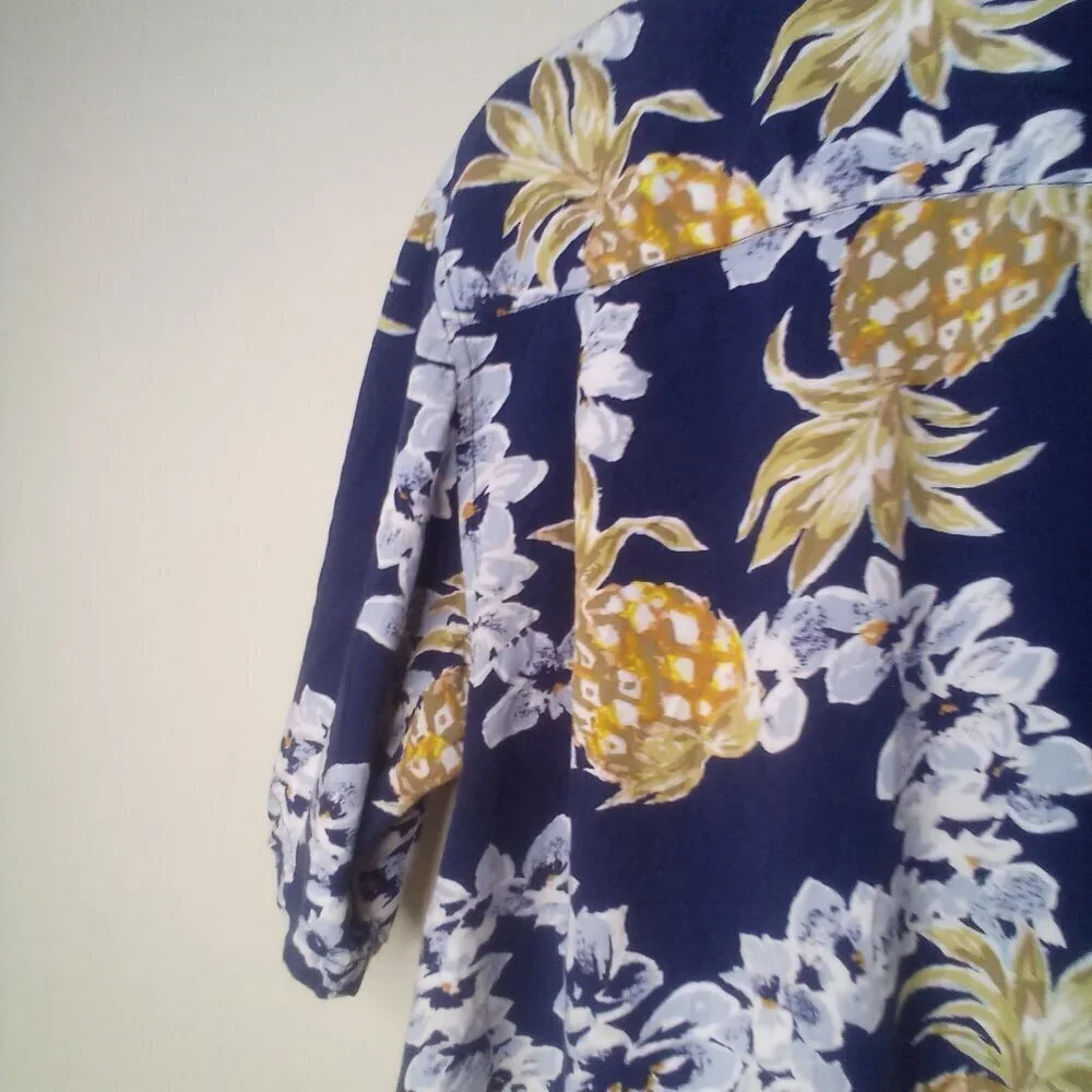 Newport Blue Shirt Men S Button Up Short Sleeve Tropical Floral Pineapple Blue - Picture 12 of 14